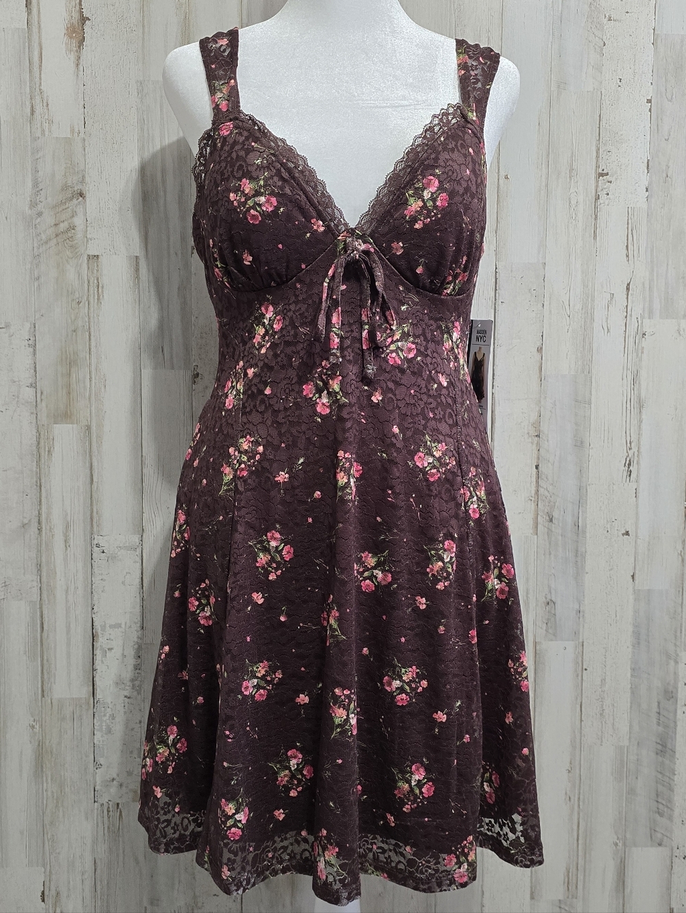 Madden NYC Brown Floral Lace Babydoll Coquette Mini Skater Dress Size Medium
